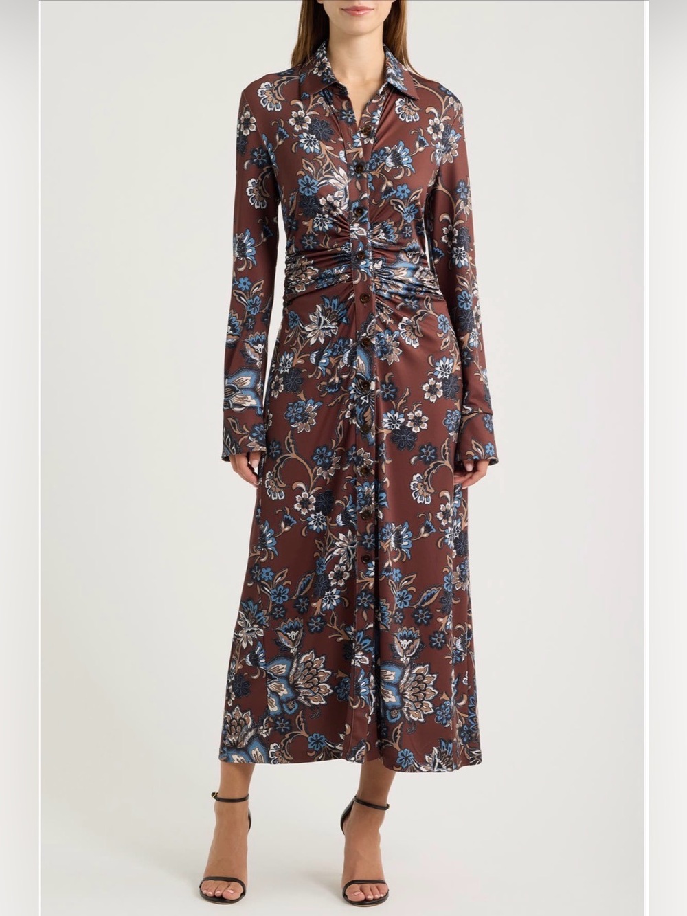 Julia Jordan Floral Long Sleeve Ruched Midi Shirtdress Brown Blue Size 8